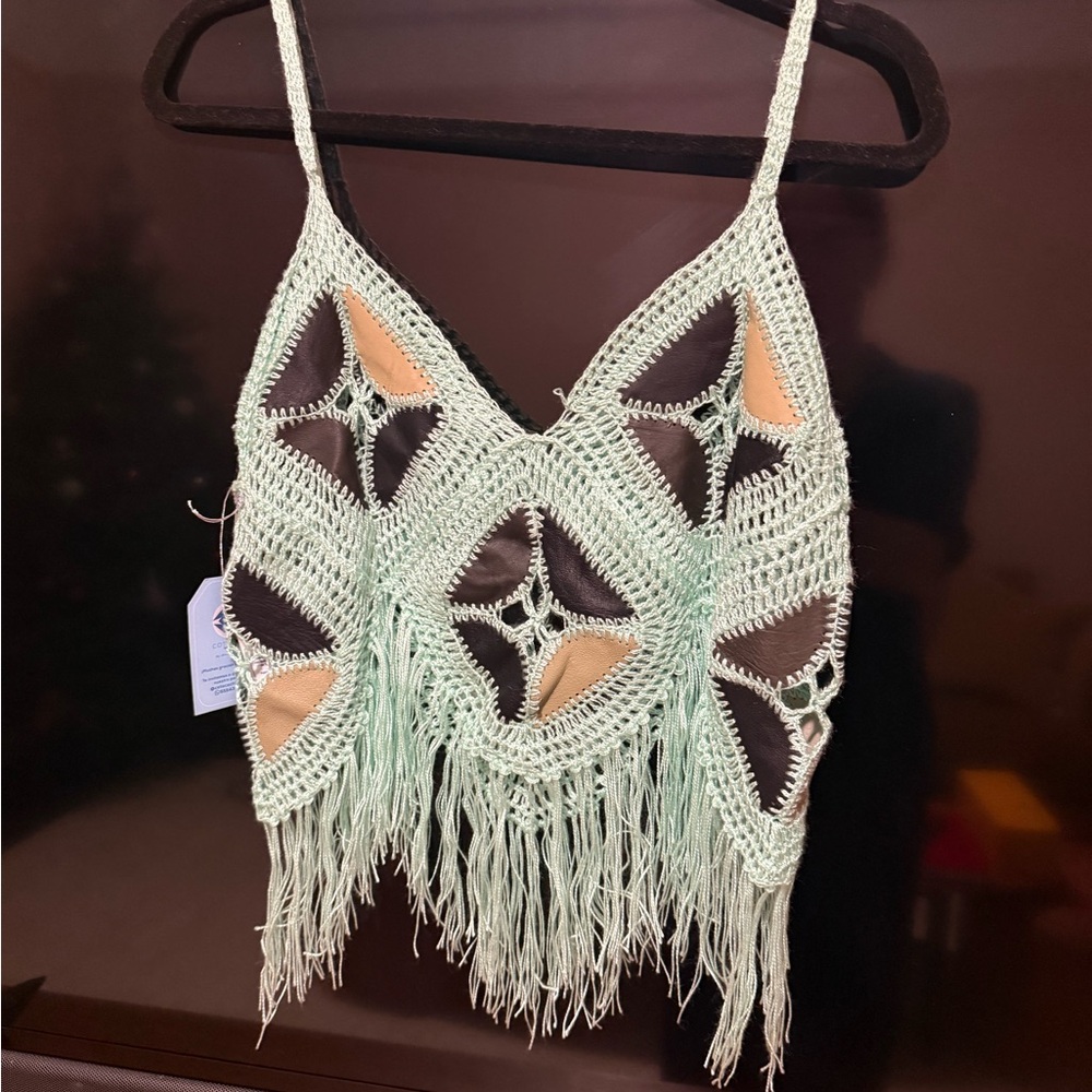 Mint Green Crochet Fringe Tank Top with Leather Details - Festival Top